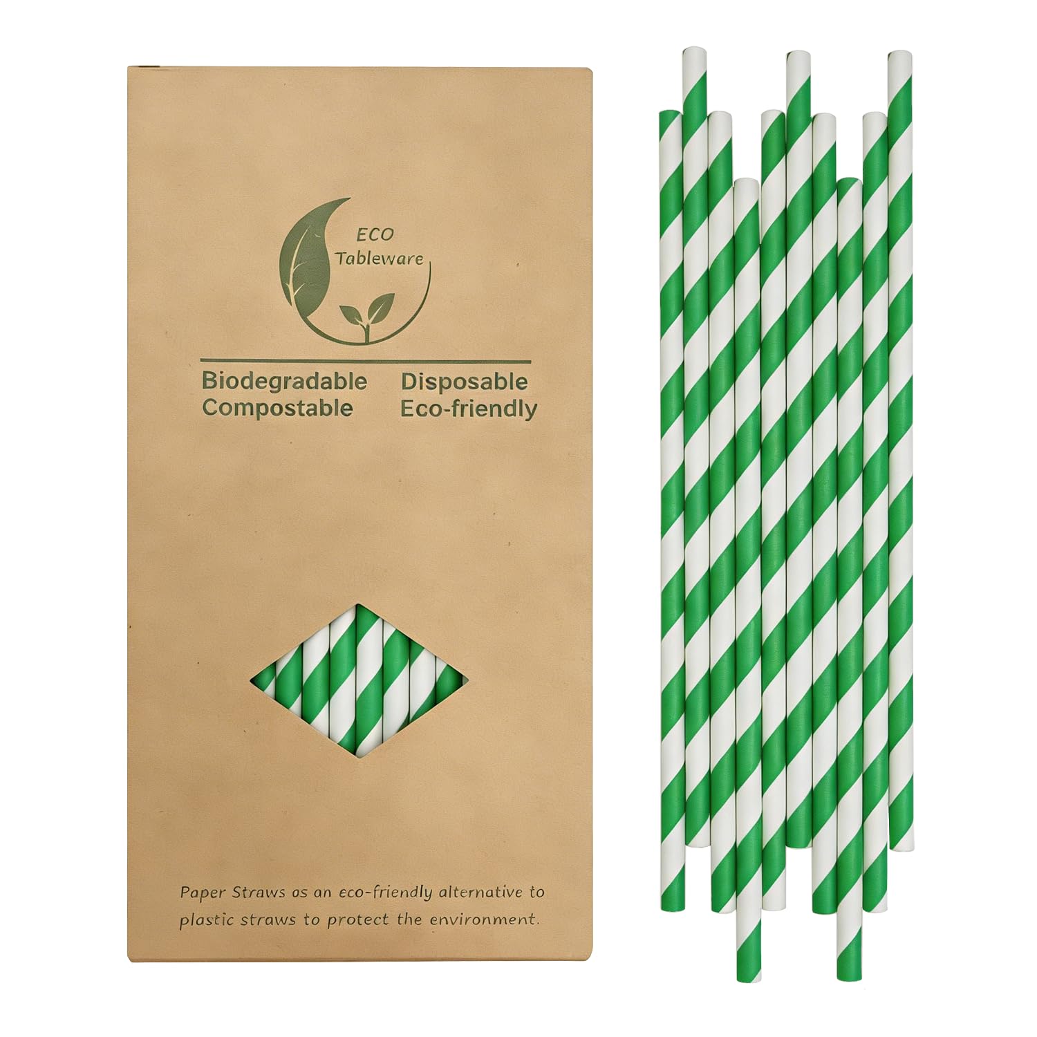 Forest Green Striped Paper Drinking Straws, Pack of 100 Disposable Green and White Stripes Straws for Cocktail Christmas Party Decoration