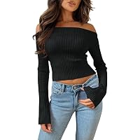 SweatyRocks Women's Adjustable Drawstring String Long Bell Sleeve Rib Knit Sexy Crop Top, Plain Burgundy, Large