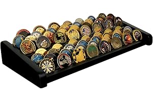 ASmileIndeep 8 Rows Wooden Challenge Coin Display Holder for Countertop - 2 Tiers Military Coin Rack Stand Holds 60-70 Coins for Army Police Collectors, Black
