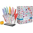 16Pcs Knives Set for Kitchen, G.a HOMEFAVOR Stainless Steel Knife Set, Print Nonstick Coated Blade Knife, Kitchen Knives Sets with Acrylic Stand and Kitchen Accessories, Multicolored