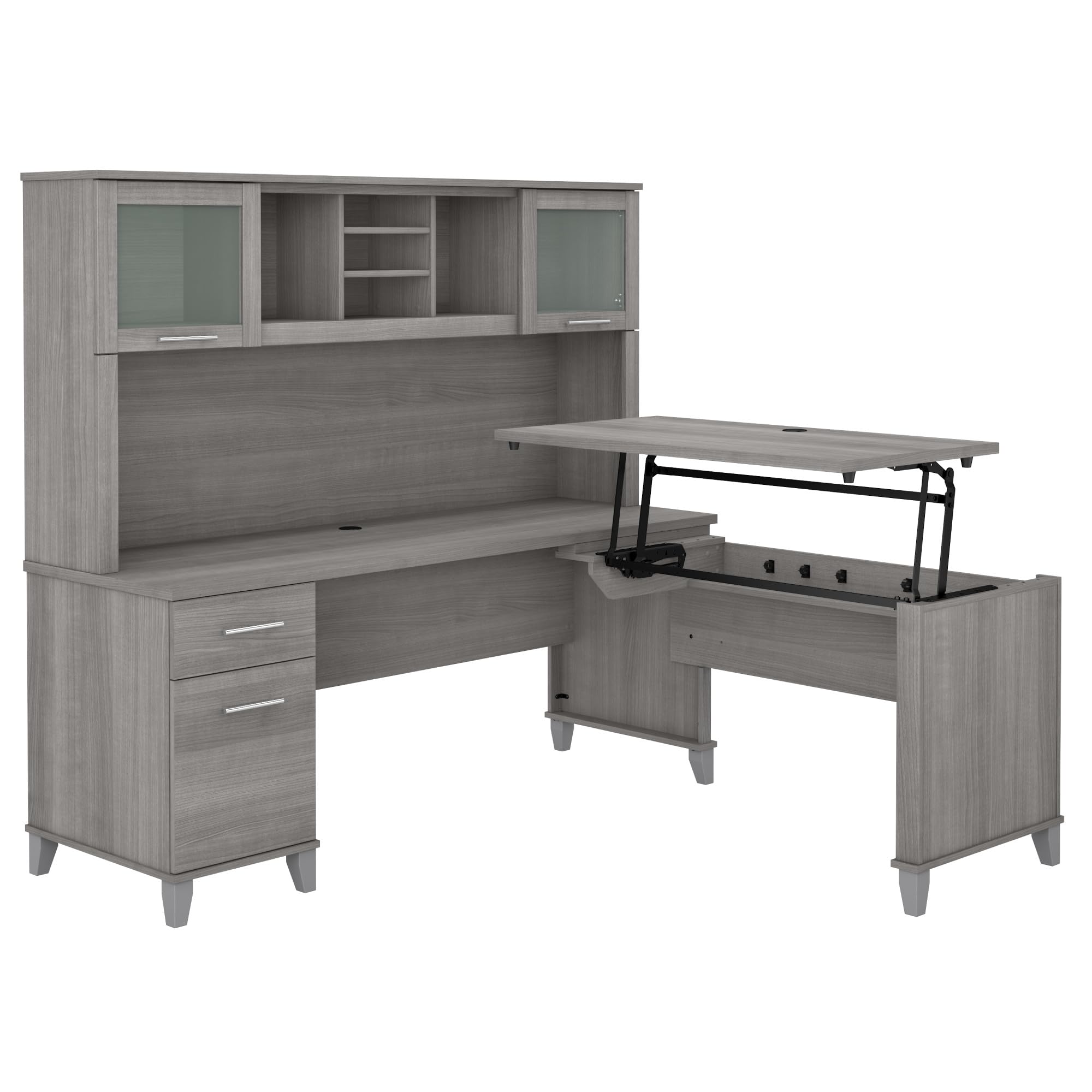 Photo 1 of Bush Home Somerset 72W 3 Position Sit to Stand L Shaped Desk with Hutch in Platinum Gray | Adjustable Height Table for Office