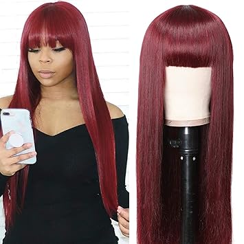 Red wig with bangs human hair Clearance