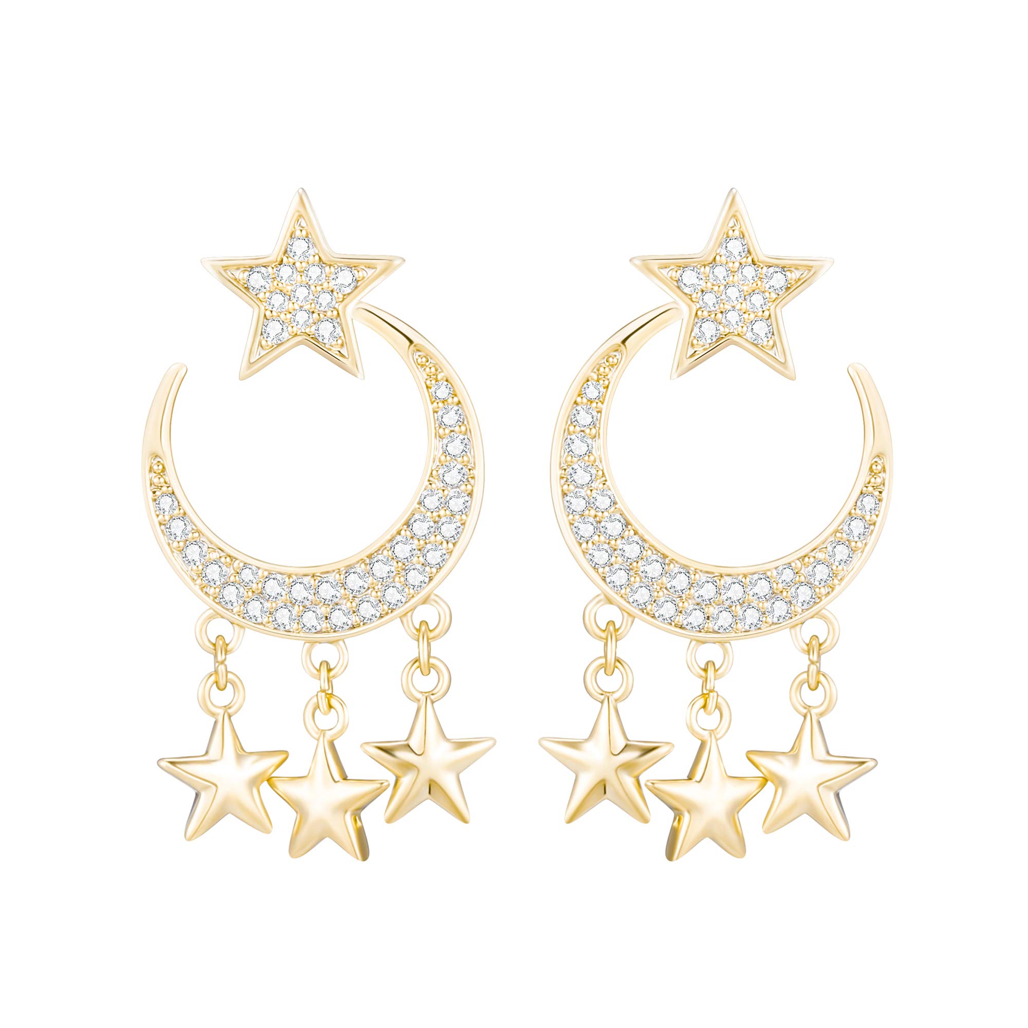 Star drop earrings for women, Moon drangle earrings for girls, hypoallergenic copper sparkling CZ zircon jewelry, suitable for birthday, wedding, Valentine’s, mother’s day