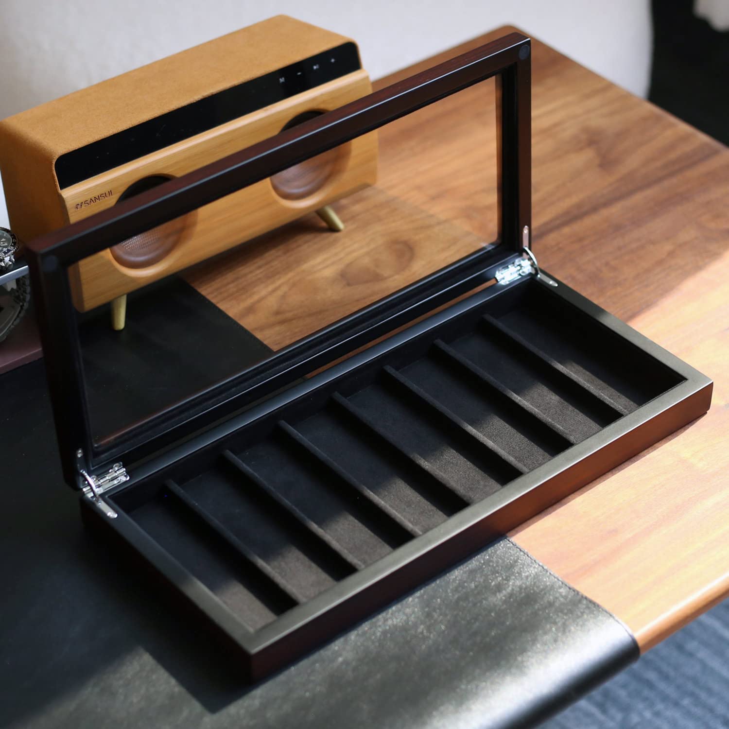 Besforu Watch Band Organizer - Holder Case for Men or Women, Wooden Storage Box Compatible with Apple Watch Bands and Accessories (Ebony Veneer, 8 Slot)