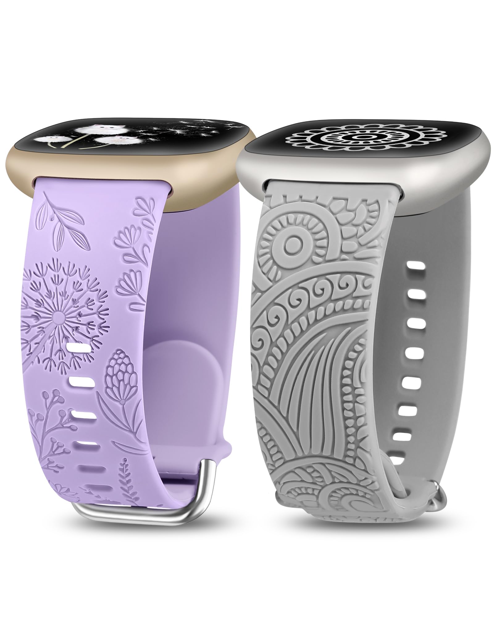 TOYOUTHS 2 Packs Floral Compatible with Fitbit Versa 4/Versa 3/Sense 2/Sense Straps, Soft Silicone Engraved Henna and Dandelion Pattern Sport Strap for Versa 3/4 Sense 1/2, Purple+Grey — image 1