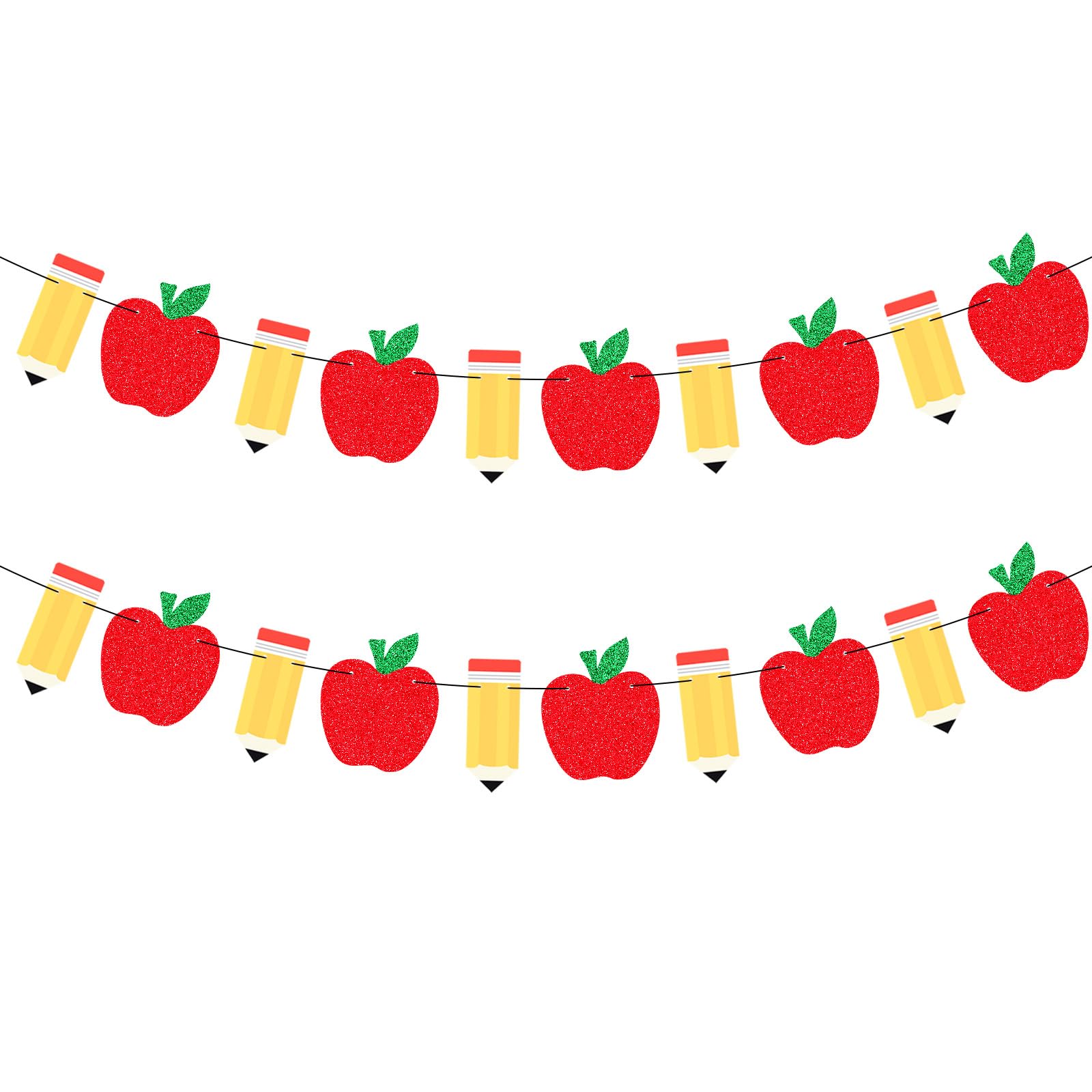 Photo 1 of 2 Pack Apple Pencil Garland Banner for Back to School Decorations, Pre-Strung Glitter Classroom Kindergarten Hanging Decor for Teacher Appreciation, First Day of School, Bulletin Board Supplies