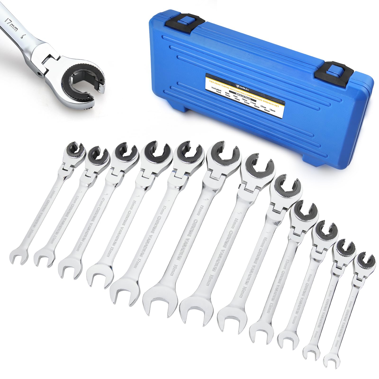 Photo 1 of ***(MAJOR DAMAGE/ SEE NOTES FOR DETAILS)***Anbull Ratcheting Wrench Set with Open Flex-head, 12PCS Metric (8-19mm) Combination Spanner with 72 Teeth, 180° Flex-head Tubing Ratchet Wrench Set