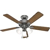 Hunter Fan 44 inch Traditional Matte Silver Indoor Ceiling Fan with Light Kit and Pull Chain (Renewed)