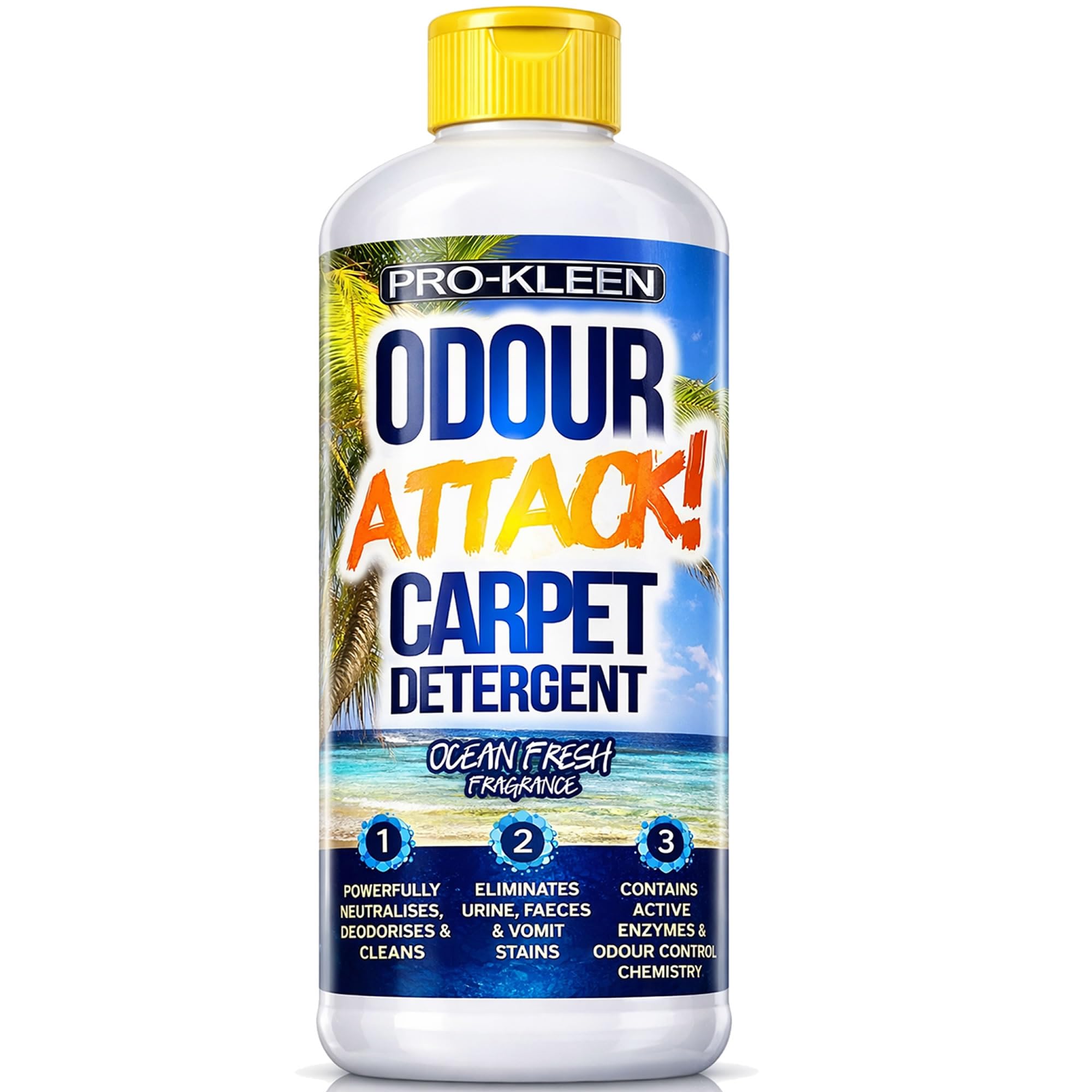 Pro-Kleen Odour Attack Carpet Solution Shampoo 1L Ocean Fresh - Active Enzyme Cleaner Eliminates Urine, Faeces, Vomit Stains, Odours from Dogs, Cats, Humans, For All Carpet Types
