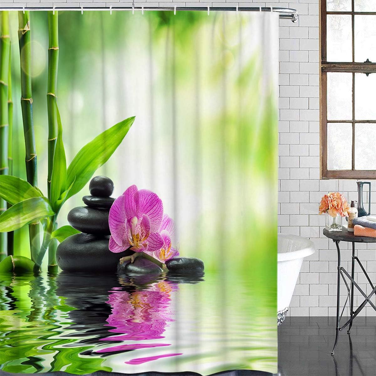 wanxinfu Shower Curtain Polyester Fabric Bathroom Curtain Set with Hooks Bath Decor Set Waterproof Personalized Customization Curtains, Bamboo Stone Flower Reflection Zen 72" x 72"