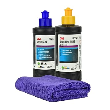 3M 50383 Ultrafiner Compound 250ml + 3M 80349 Extra Fine Plus 250ml + Gloss Microfiber Polier- und Trockentuch