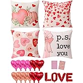 multiwins Valentine Decorations Set of 4 Double-Sided Valentine's Day Throw Pillow Covers 18" x 18", Reversible 8 Designs, with 16 pcs Heart & Love Balloons, Stickers, Complete Valentines Decor Kit
