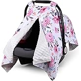 Rquite Car Seat Cover Baby, Carseat Covers Baby Girl, Winter Infant Car Seat Cover, Warm Minky Car Seat Canopy, Baby Carrier Cover with Peekaboo Opening, Multi Use Nursing Cover & Toddler Blanket