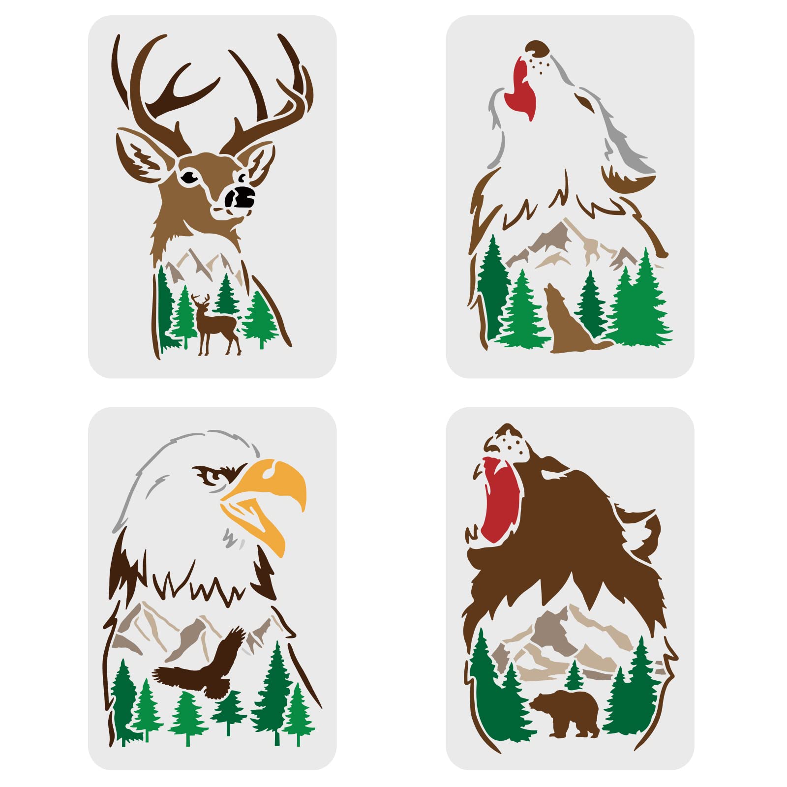 FINGERINSPIRE 4pcs Forest Animal Stencils Set - 29.7x21cm Wolf, Eagle, Bear, Deer Drawing Templates DIY Reusable Decoration — image 1