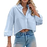 Teepie Women Cropped Button Down Shirts Long Sleeve Blouses Casual Work Crop Tops with Chest Pocket