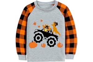 CM-KID Toddler Boy Thanksgiving Shirt Pumpkin Monster Truck Dino Turkey Orange Plaid Long Sleeve Tshirt Tops 2-7 Years