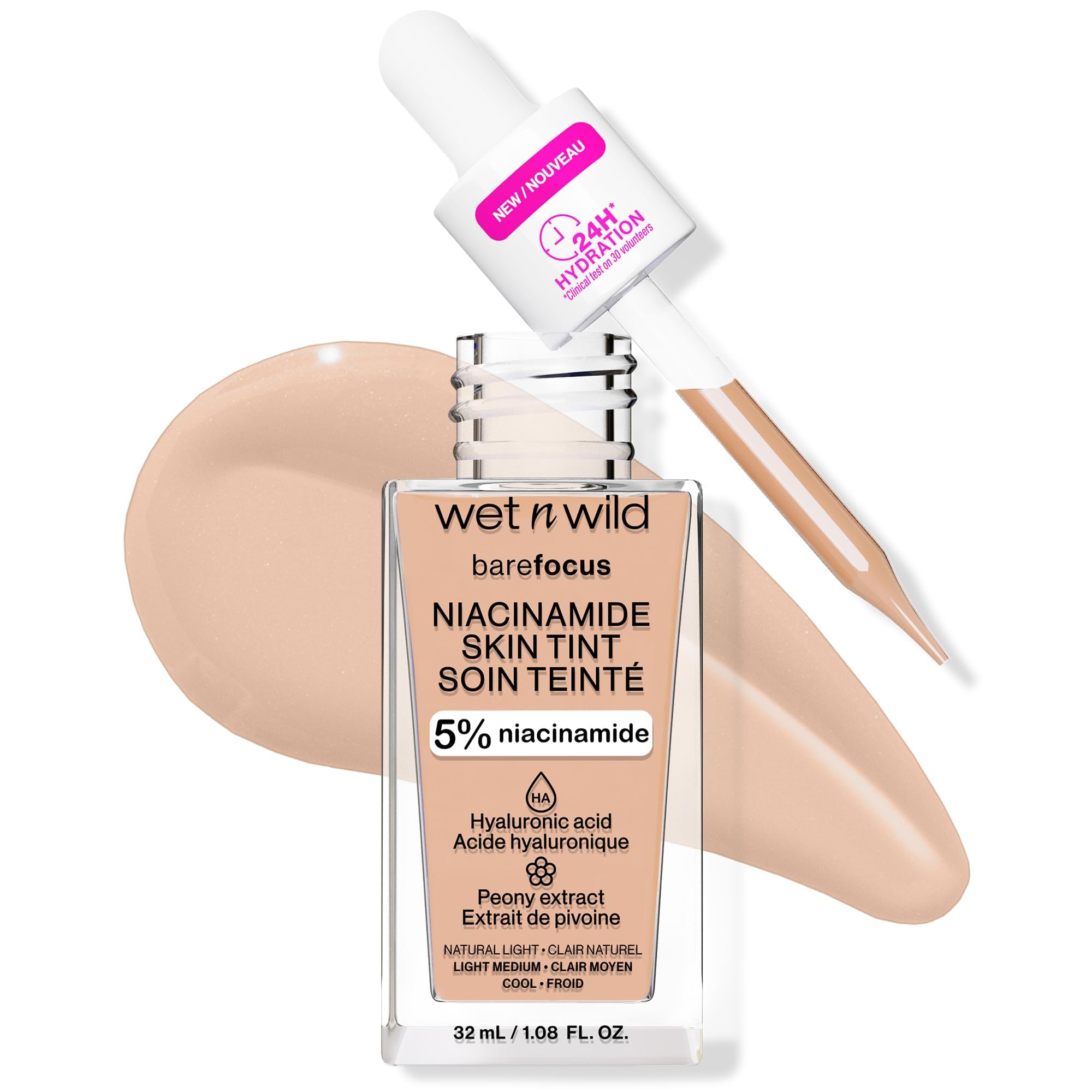 Wet n Wild Bare Focus Niacinamide Skin Tint, Hydrating Tinted Serum with Hyaluronic Acid, Lightweight Sheer-to-Medium Glow, Oil-Free Makeup, Natural Light