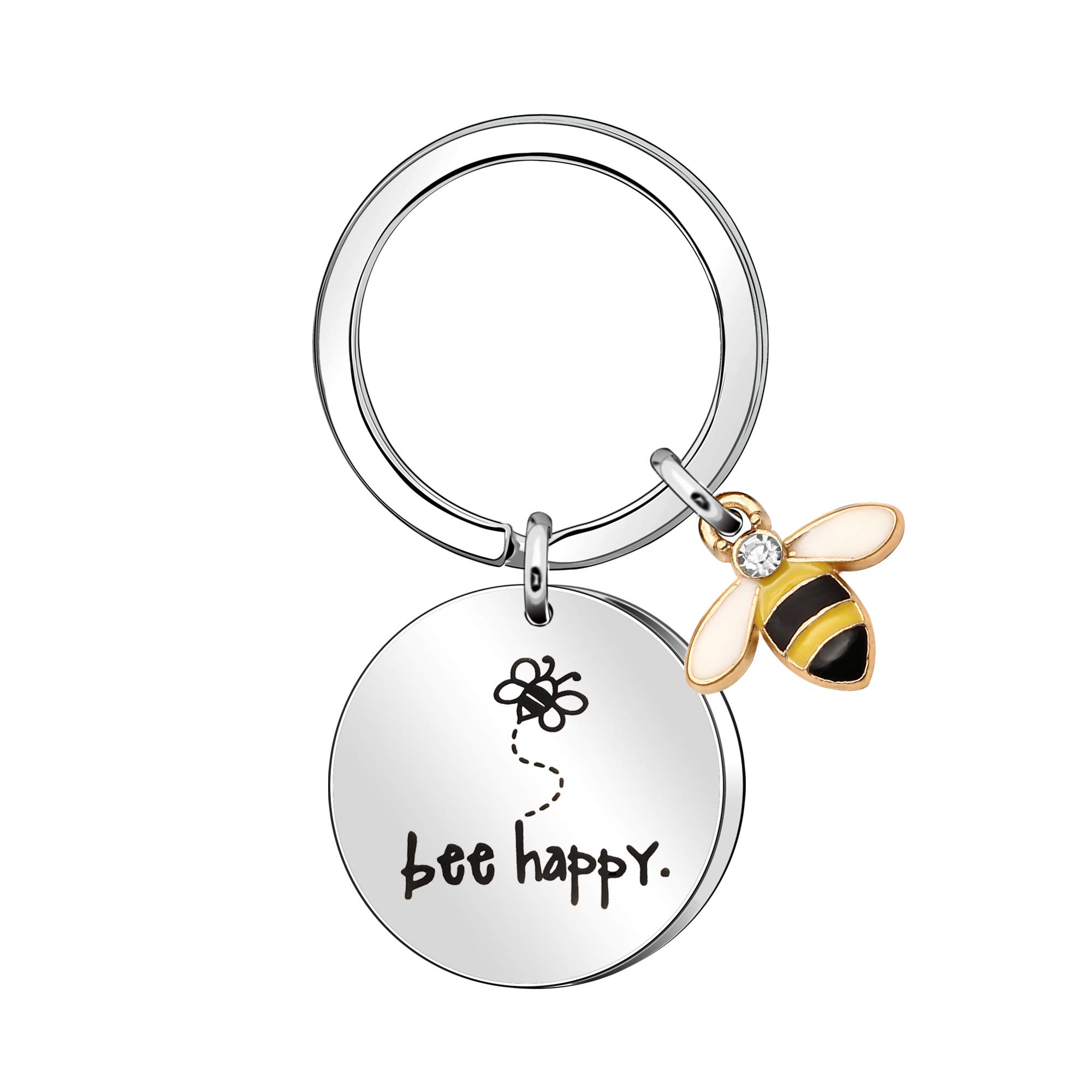 Maxforever Bee Happy Keychain for Women Gifts for Mom Aunt Daughter Niece Friends Silver L, Silver., Large
