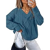 ZESICA Women's Spring Oversized Sweaters 2026 Casual Long Sleeve V Neck Cable Knit Trendy Pullover Tops