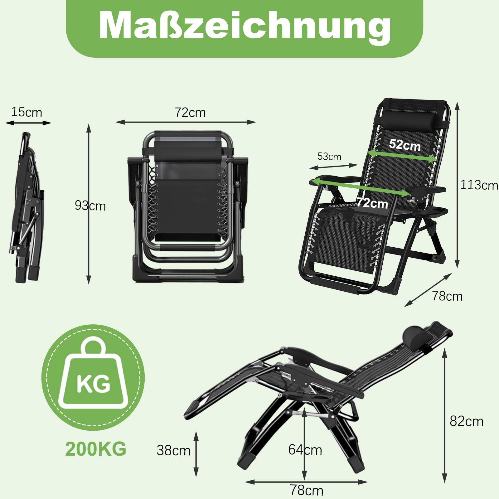 Klappbarer Gartenliegestuhl mit 90–170°verstellbarer Rückenlehne, Tragkraft 200 kg, inklusive Getränkehalter, Liegestuhltasche – Geeignet als klappbare Sonnenliege für Garten, Strand, Pool und Balkon 3