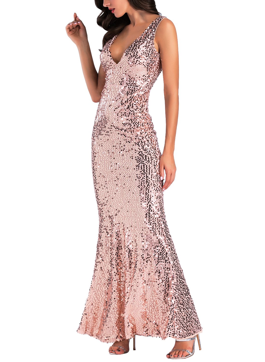 IHOT Women's Rose Gold Sequin Bridesmaid Dress Sleeveless Long Evening Prom Dresses (XL, Rose Gold)
