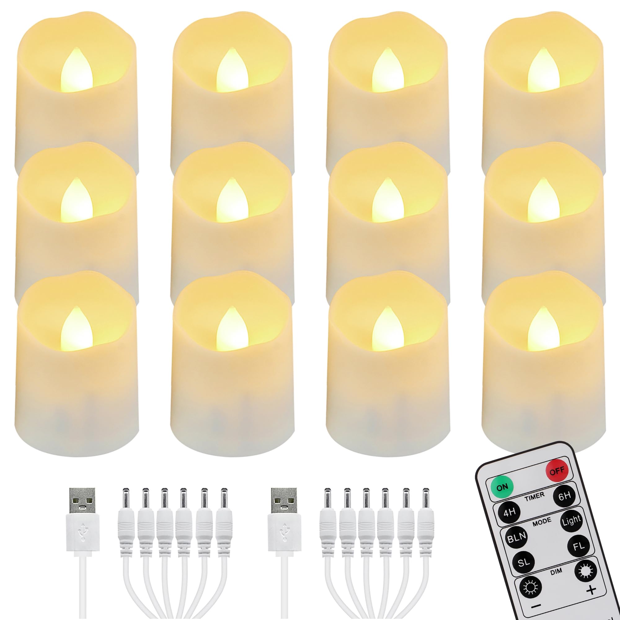 FREEPOWER 12pcs Rechargeable Tea Lights with Remote Control and Timer Warm White Flickering Dimmable Flameless LED Votive Candles with 2 USB Charging Cables, Home Decoration
