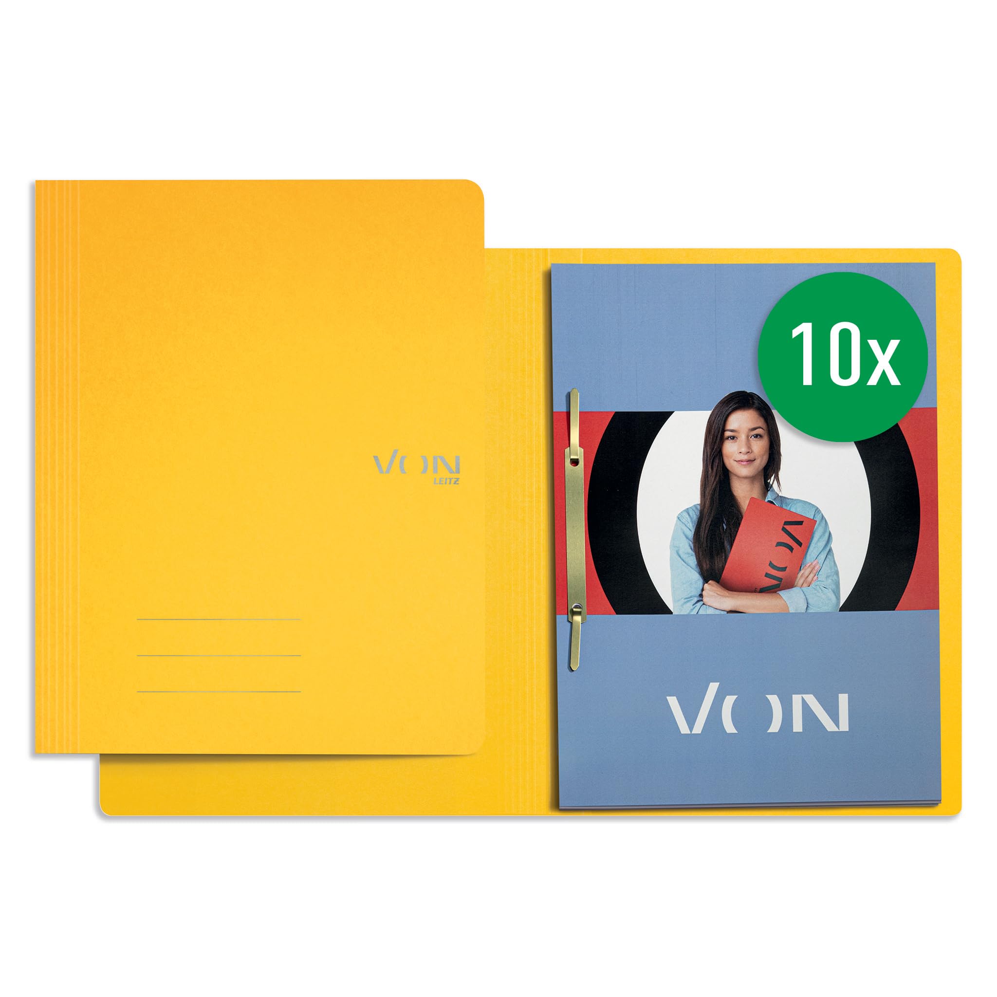 VON Leitz 30130015 Pack of 10 A4 File Folders, Cardboard, with Stapling Mechanism, for 250 Sheets, with Soft Cover, for School, Study and Household, Yellow