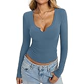 EasyGala Womens Cotton Long Sleeve Tops Scoop Neck V Notch Shirts Y2K Low Cut Tshirt Fall Slim Fitted Basic Clothes 2026