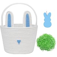 Easter Basket For Boys Set Of 2 - Blue Bunny Woven Cotton Rope Basket With Grass & Personalized Wooden Name Tag - View #4