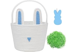 ARCIVEBERG Easter Basket for Boys, White Blue Bunny Woven Cotton Rope Basket with Easter Grass and Wooden Personalized Name Tag, Toddlers and Baby Egg Hunt Gifts Home Decor