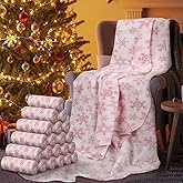 Preboun 24 Pack Bulk Christmas Soft Fleece Blankets 50 x 60 Inch Bulk Lightweight Warm Fleece Throw Blankets for Pet Bed Sofa Couch Office Wedding Gifts Travel (Pink Snowflake)