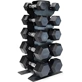 CAP Dumbbell Set with Rack, Rubber Coated Hex Free Weight Set | 100&ndash;300 lb Options, Vertical Space-Saving Storage for Home Gym Strength Training