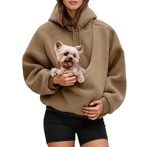 Women's Oversized Hooded Sweatshirt With Pocket Front Carry Pouch For Small And Cats - Kangaroo Pocket Sweatshirt Khaki