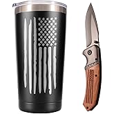 American Flag Gifts Set For Men, 20 oz Travel Coffee Tumbler & Mug With Pocket Knife, Unique Patriotic Military Gifts For Veterans, Police, Fathers Day, Christmas, Birthday, Valentine, Thanksgiving