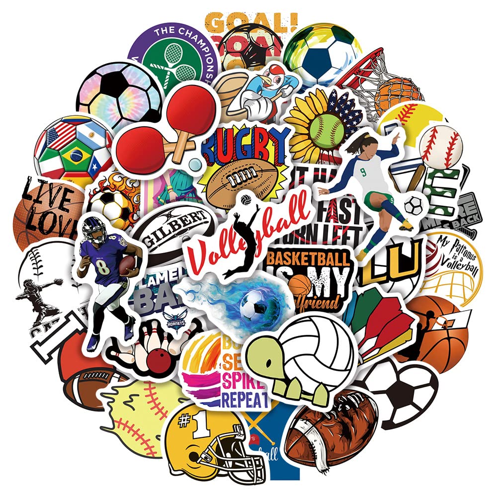 50PCS Stickers for Mixed Ball,Baseball Football Stickers,Teens Boys and Girls Sticker Pack Vinyl Skateboard Guitar Door Laptop Luggage Car BikeWater Bottle Birthday Party Supplies Stickers