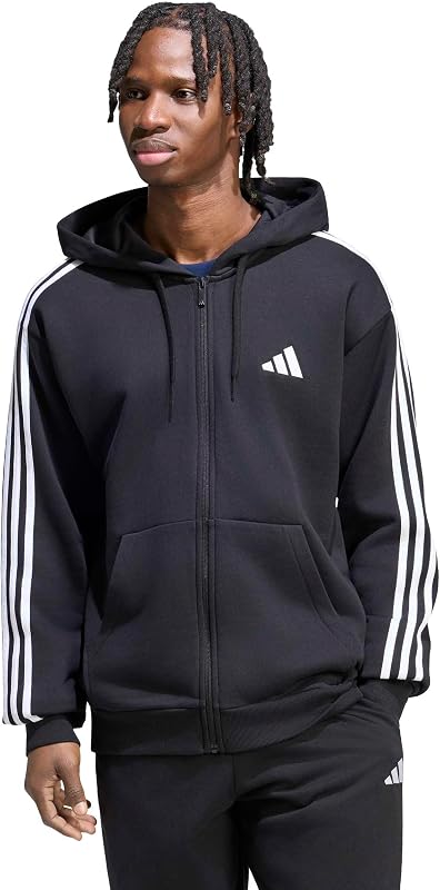 Herren Essentials 3-Stripes French Terry Full-Zip Hoodie Sweatshirt, Black/White, M — Foto 4 von 6