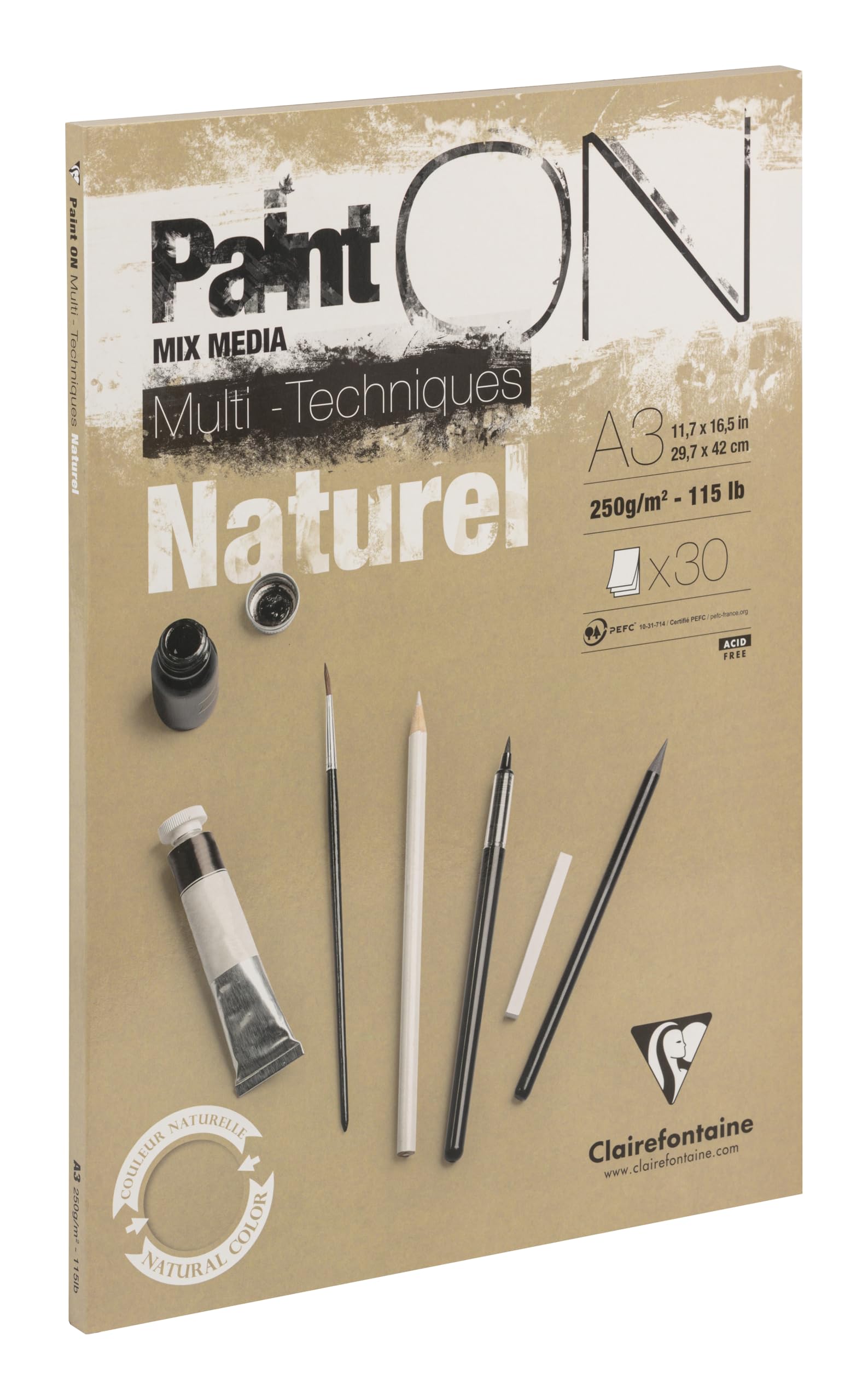 Clairefontaine - Ref 96541C - Paint'ON Multi-Technique Naturel Paper Pad (30 Sheets) - A3 Size, 250gsm Heavyweight Paper, Natural Sand Colour, Acid Free, pH Neutral