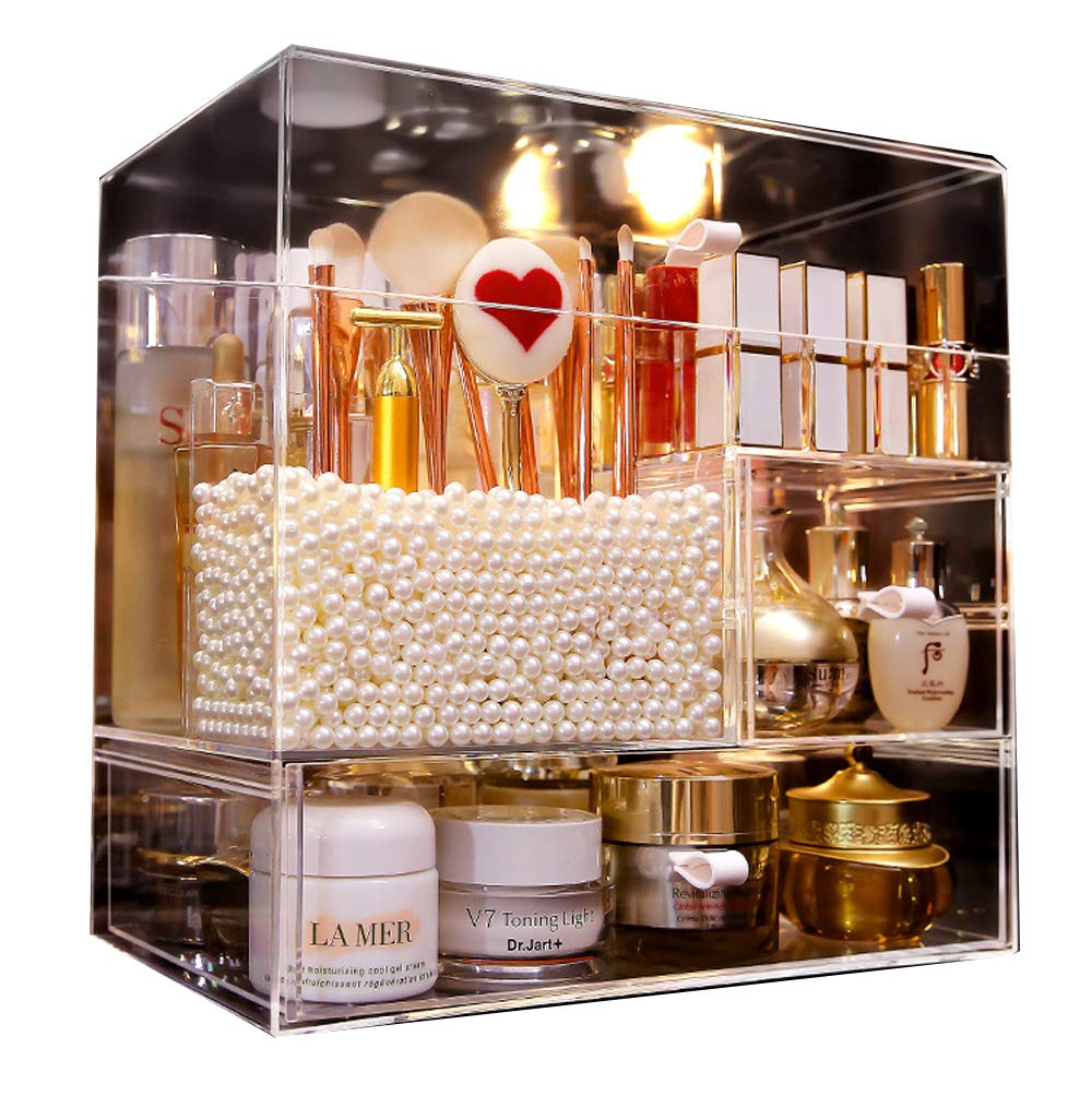 MOOCHI Clear Large Makeup Organizer Multifuncational Dust Free Water Proof Cosmetics Storage Drawers Display Case for Brushes Lipsticks Skin Care Jewelry - Pearls Not Included: Beauty