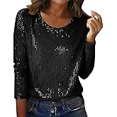 Long Sleeve Sequin Tops for Women Shimmer Sparkle Glitter Dressy Blouses Stylish Casual Tunic T Shirts