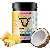 BULLFIT Pre Workout Powder, Pina Coolada Flavor, Pre-Workout Support for Men & Women, L Citrulline, Creatine, Beta Alanine & Electrolytes, Powdered Drink Mix with No Sucralose & Zero Sugar, 20 Srvgs