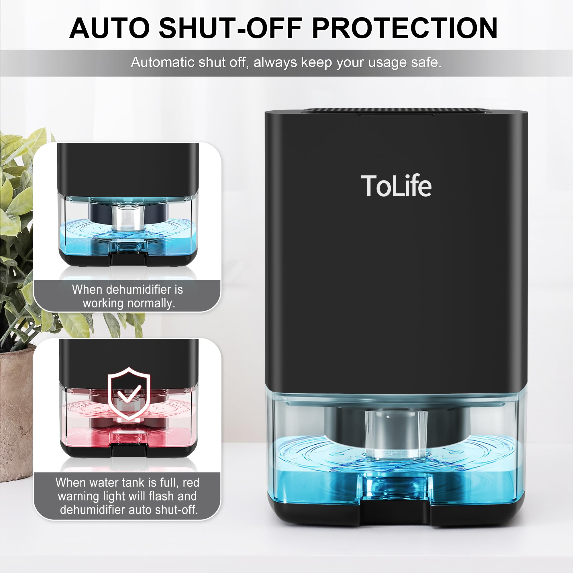 ToLife Dehumidifiers for Home 30 OZ Water Tank with Auto-Off 500 sq.ft Portable Small Dehumidifier for Bathroom Bedroom RV Closet Room 7 Colors LED Light, Black