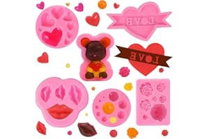 WANTAN Heart Silicone Molds,Valentine's Day theme Silicone Chocolate Candy Mold Lips Bear Pearl Hemispherical Rose Love Silicone Mold for Cake Decorating Cupcake Topper Gum Paste Polymer Clay