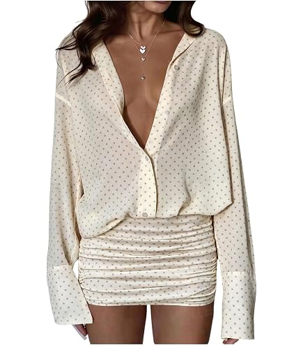 SHENHE Women's Sexy Sheer Button Up Ruched Dress Bodycon Mini Shirt
