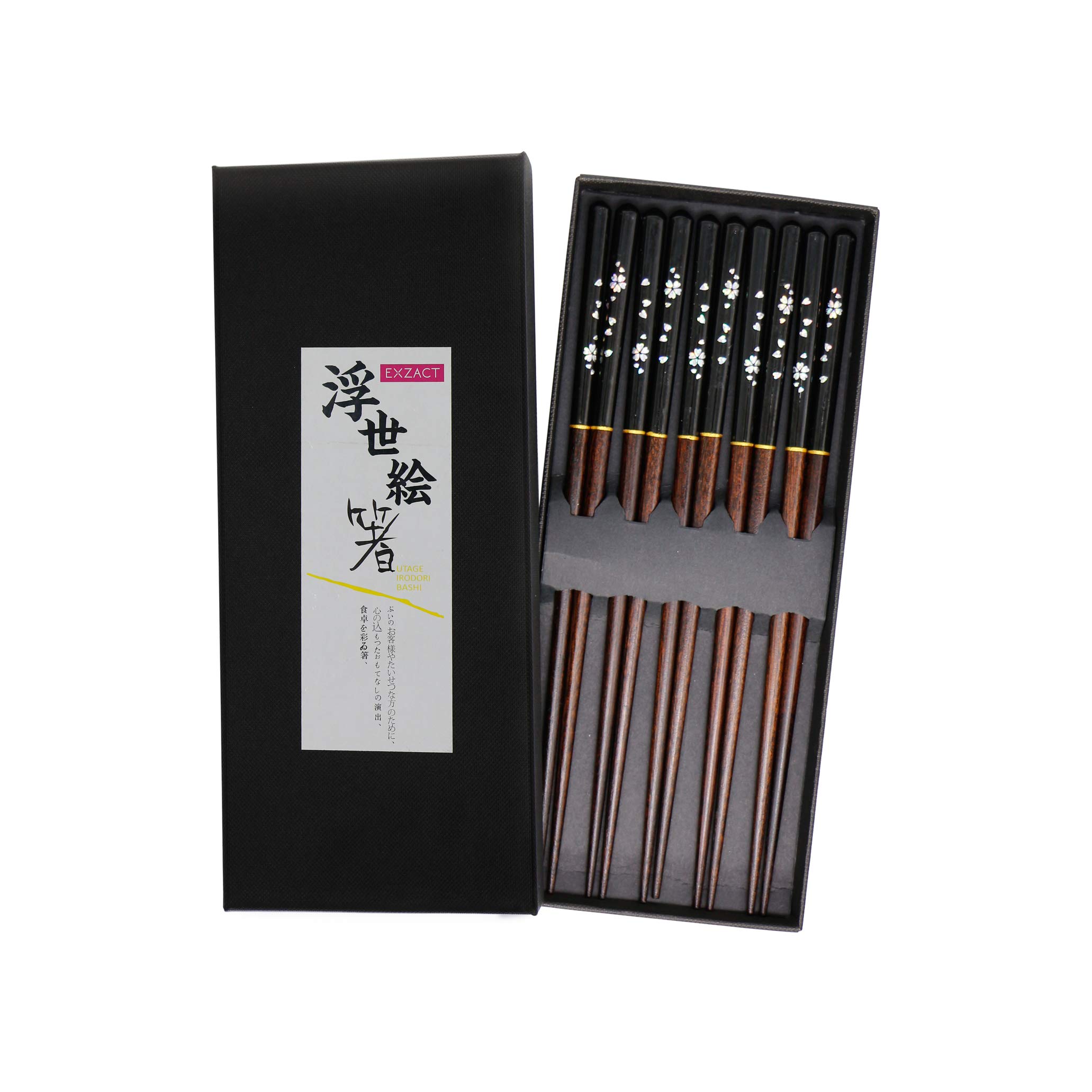 Exzact Chopsticks Gift Set Black Lacquer - 5 Pairs of Reusable Chopsticks in a Black Handmade Box - Japanese Style (EX-CS05-BLK)
