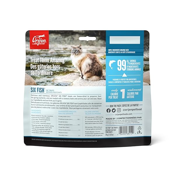 ORIJEN SIX FISH FREEZE DRIED CAT TREATS, GRAIN FREE TREATS FOR CATS, RAW ANIMAL INGREDIENTS, 1.25OZ