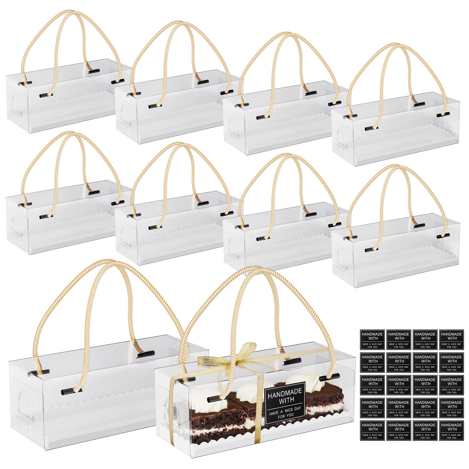 Gearific 10 Pcs Clear Swiss Roll Cake Boxes Pastry Dessert Cookies Gift Boxes with Handle, Bakery Box Treat Boxes for Swiss Roll Muffin Pies Bakery Candy Wedding Party Favors (26 * 10 * 9.5cm)