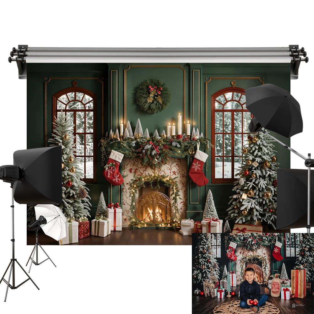 Photo 1 of Kate 7x5ft/2.2x1.5m Christmas Backdrop Fireplace Xmas Tree Retro Photo Interior Decoration Background Photography Studio Props
