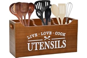 Karisky Kitchen Utensil Holder with Drainage Bottom, Large 3 Compartments Solid Real Wood Utensil Organizer for Kitchen Counter, Farmhouse Cooking Tools Storage for Countertop, Brown