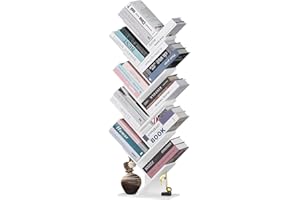 SHEEPAM 10 Tier Tree Book Shelf, Floor Standing Wood Bookshelf for Narrow Space, Storage Organizer Bookshelves for Books/CDs/Magazine, Bookcase with Shelves for Home Office, Living Room - White
