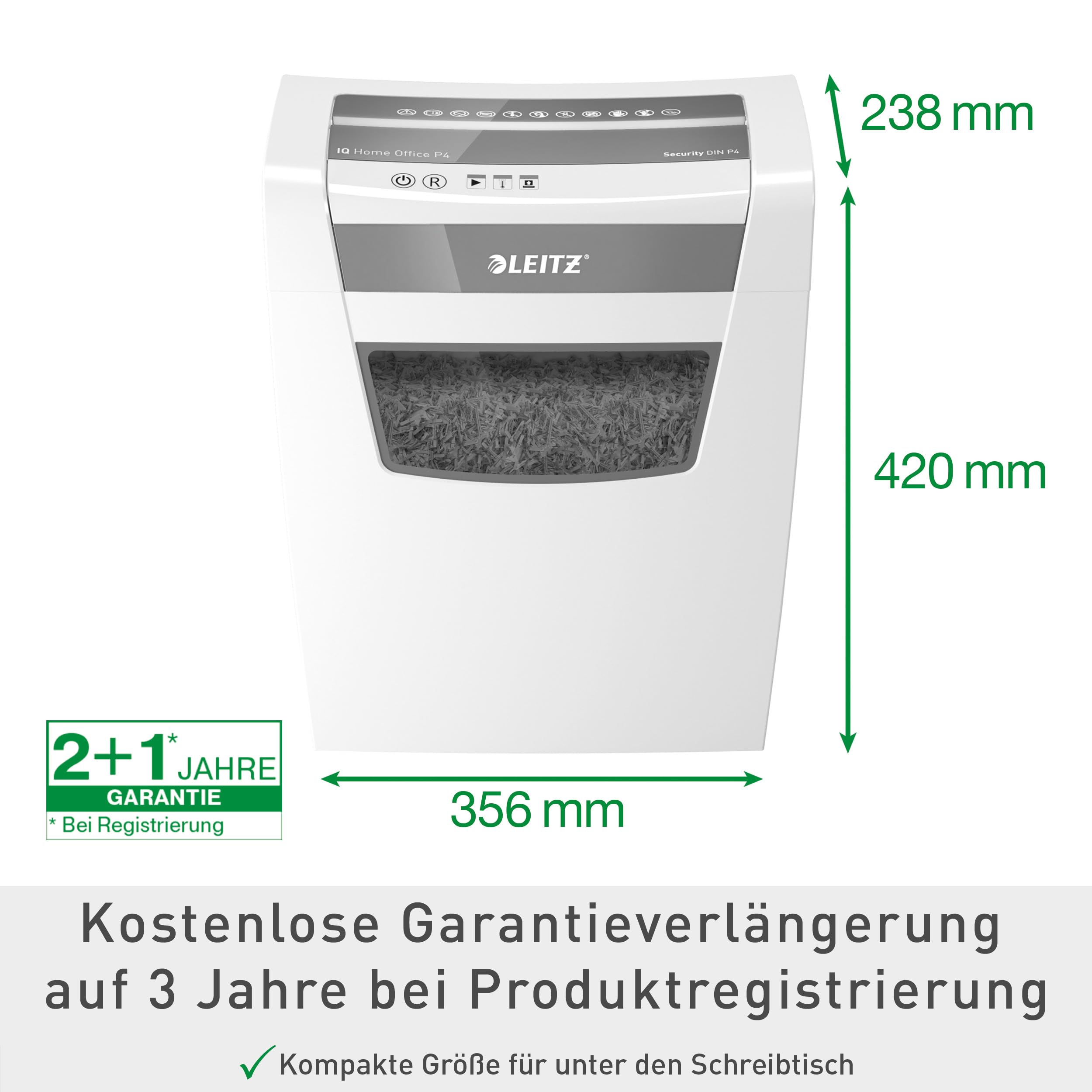Leitz IQ Aktenvernichter Home Office, 12-10 Blatt (70-80 g/m²), TÜV+GS zertifiziert, Partikelschnitt, Sicherheitsstufe P4, Die Nummer 1 am Markt, 23L Behälter, Schredder für Büro, Weiß, 80090000 4